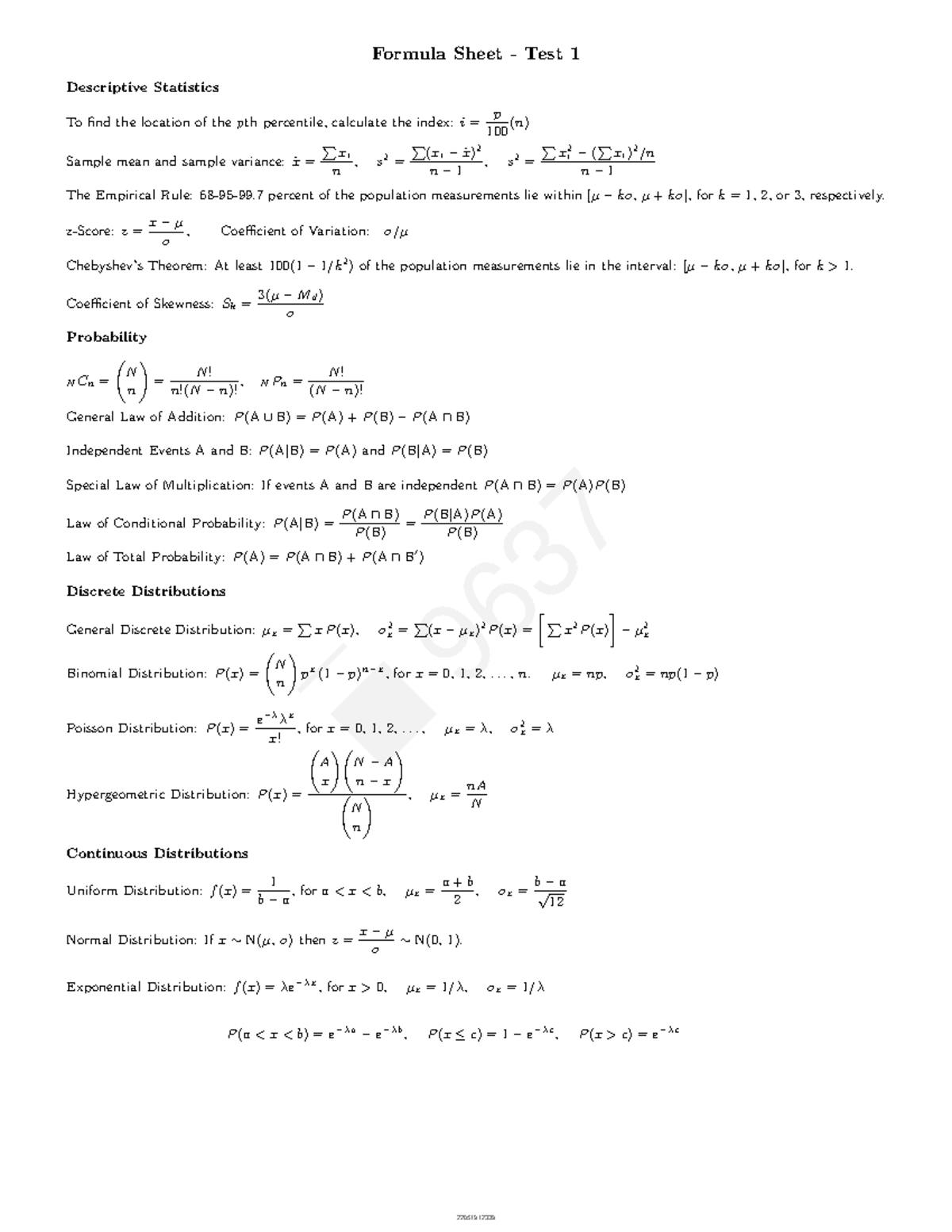 Formula Sheet Midterm 1 - Formula Sheet - Test 1 Descriptive Statistics ...