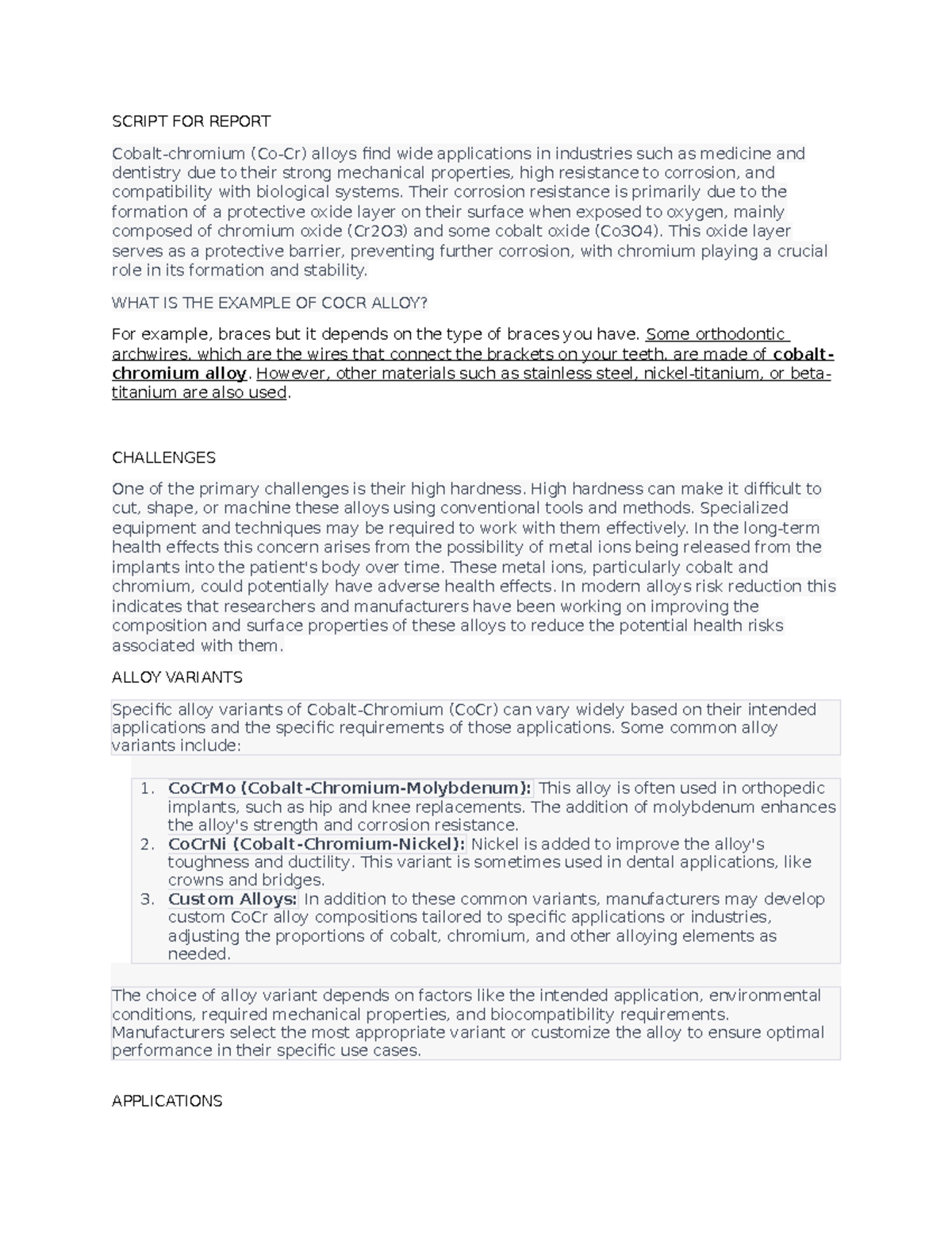 Script FOR Report - N/A - SCRIPT FOR REPORT Cobalt-chromium (Co-Cr ...