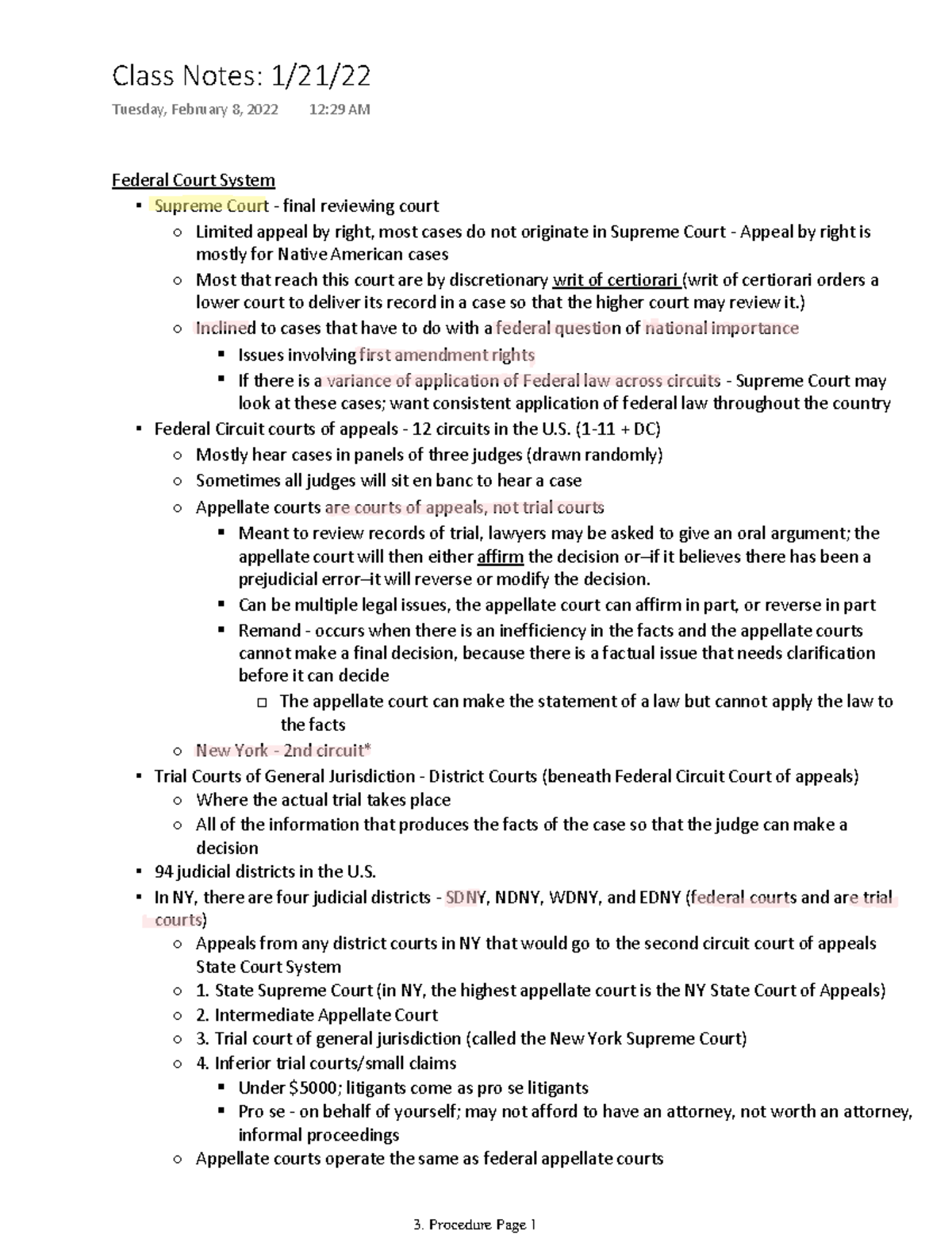 Chapter 3 Procedure Lecture Note - Federal Court System Supreme Court ...