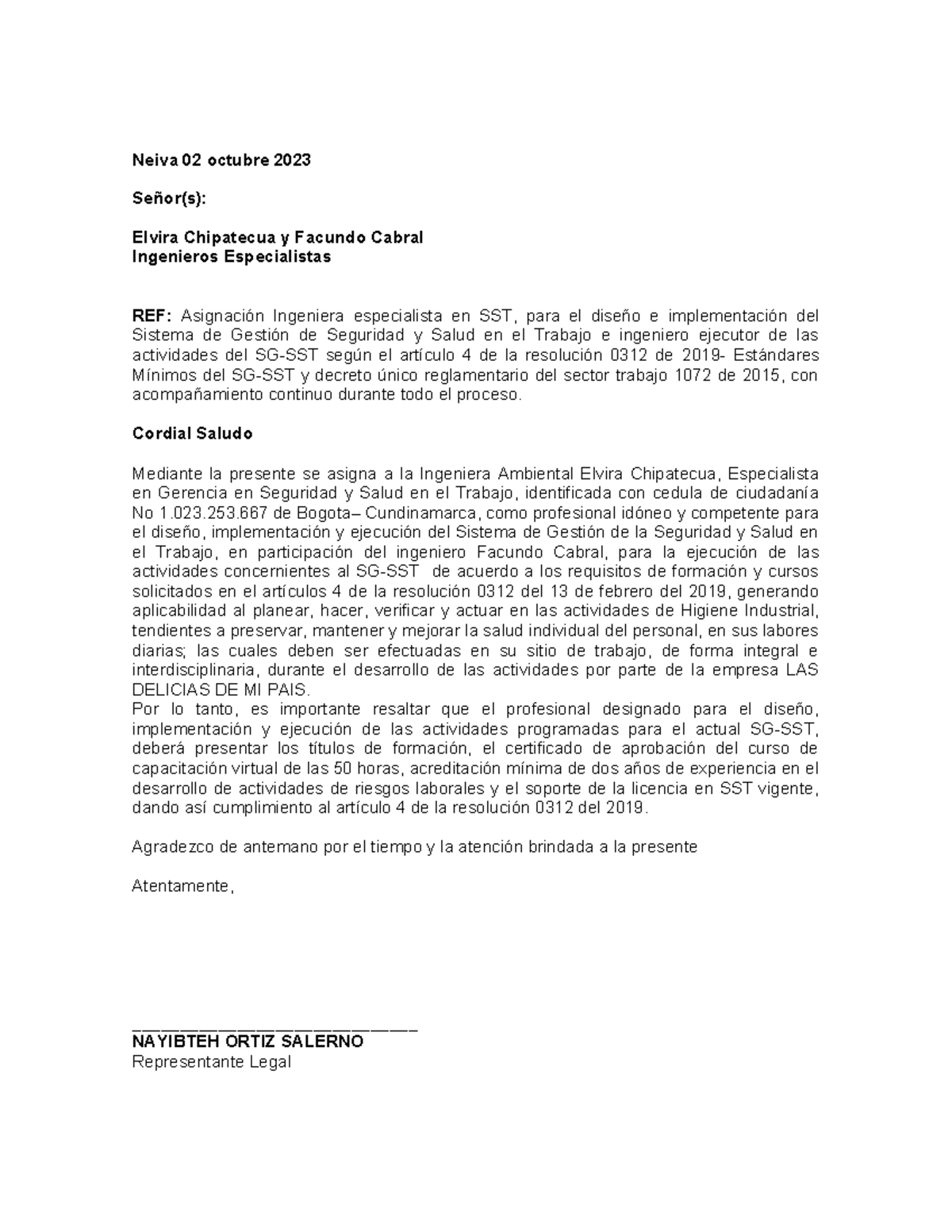 Carta Representante Legal Designa Profesional Sg Sst Neiva 02 Octubre 2023 Señors Elvira 7582