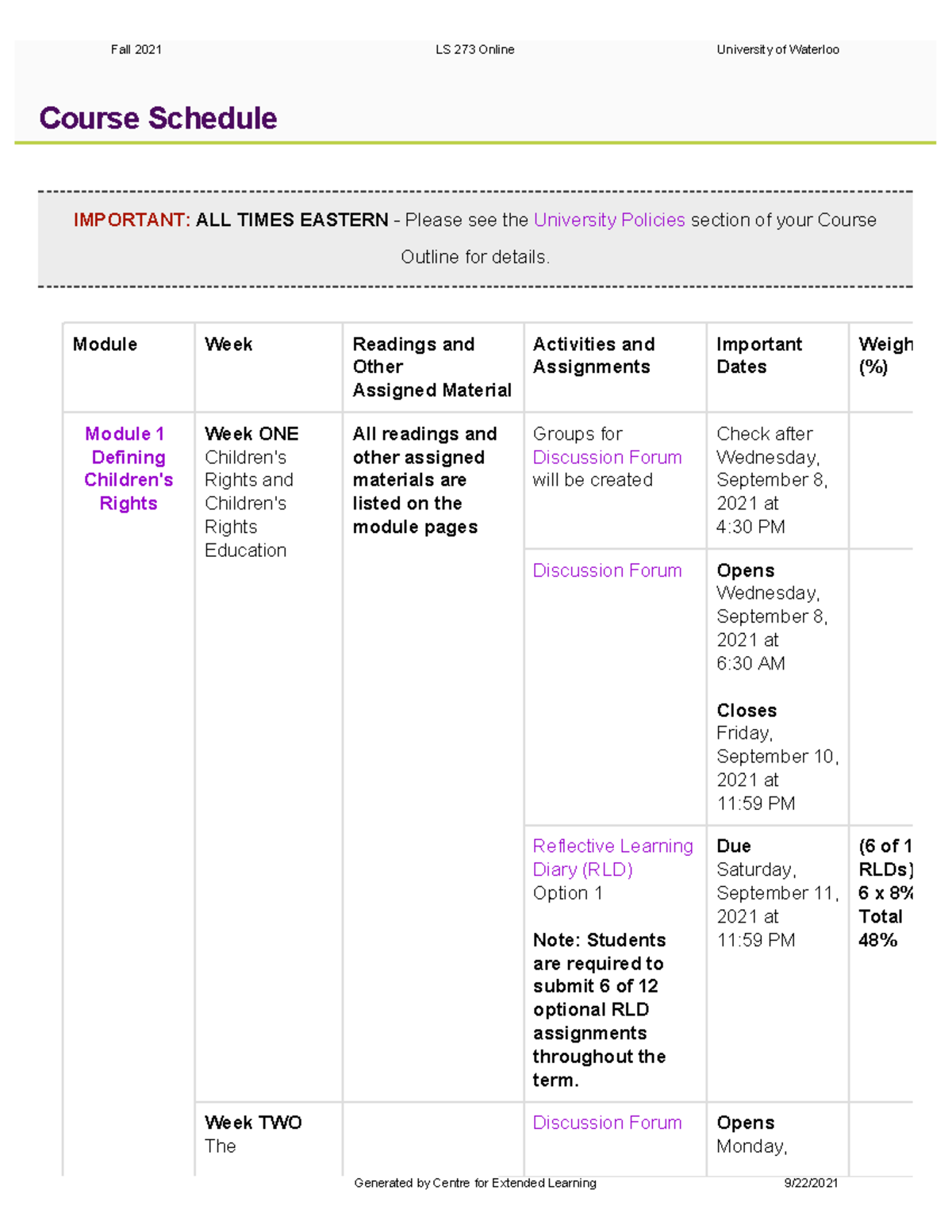 Legal Studies LS 273 Waterloo course outline - Course Schedule ...