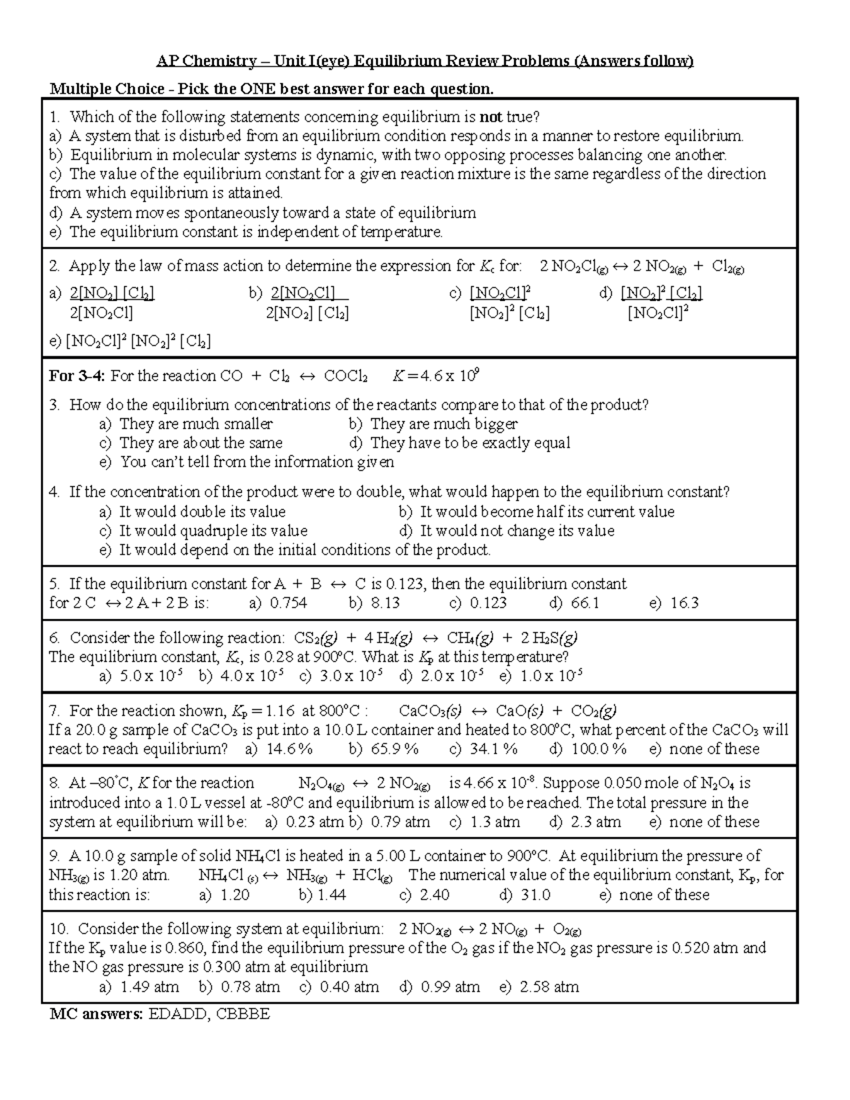 Unit I Review Chemistry Practice Ap Chemistry Unit Ieye Equilibrium Review Problems 3354