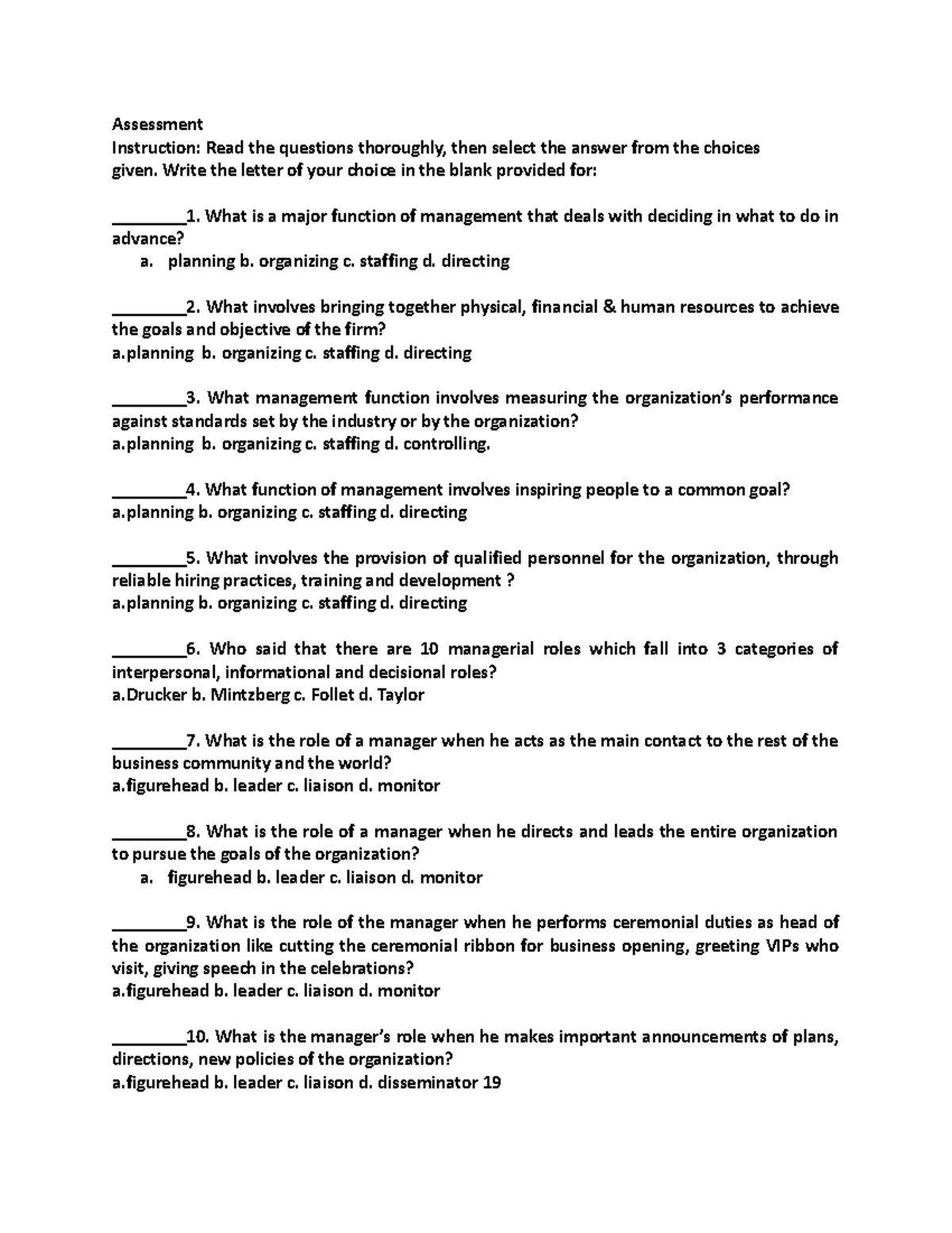 Assessment in Business Organization - Assessment Instruction: Read the ...