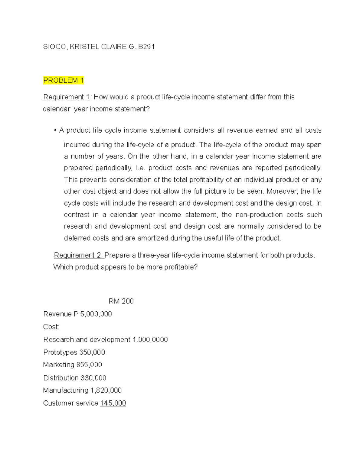 COST Management FOR Product LIFE Cycle - SIOCO, KRISTEL CLAIRE G. B ...