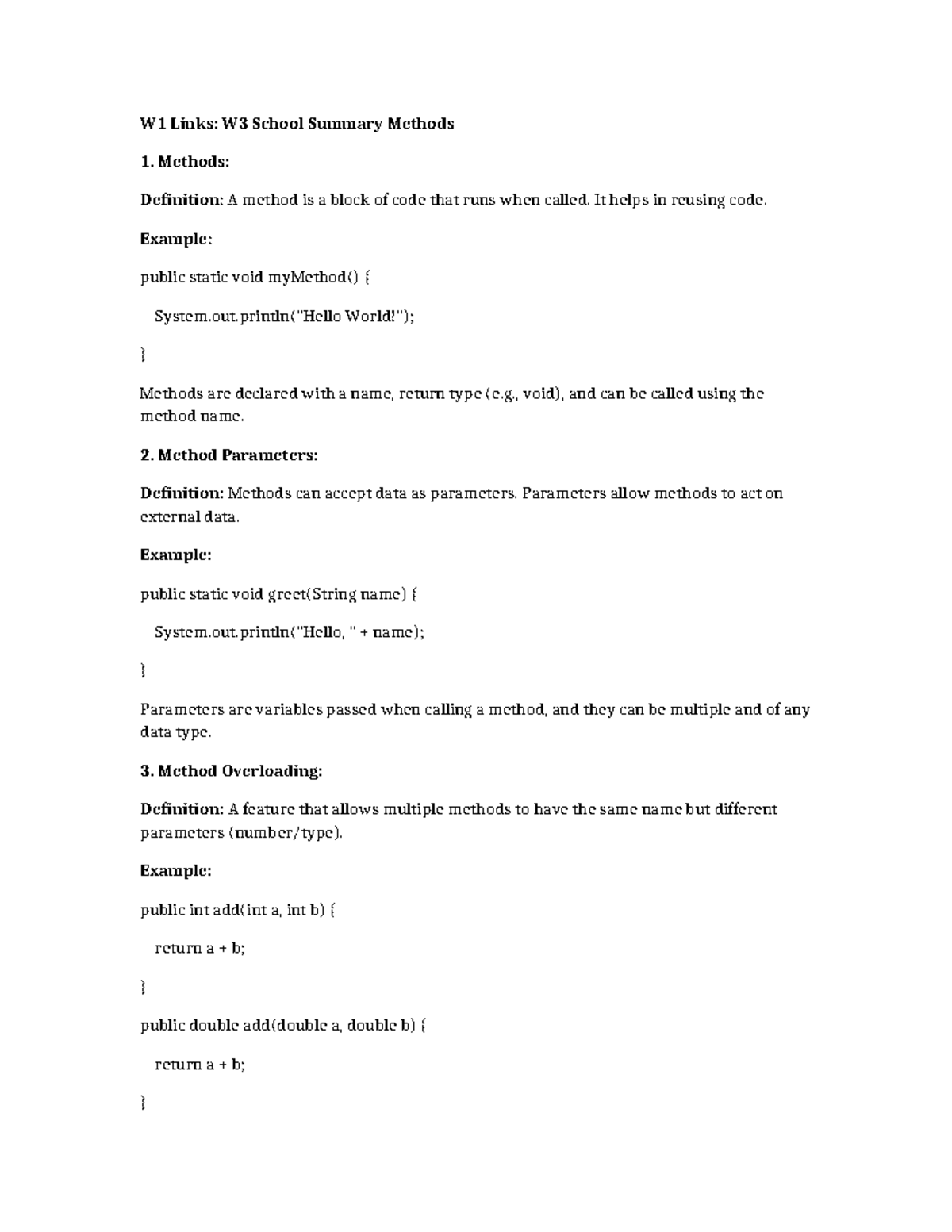 Java Methods Study Material - W1 Links: W3 School Summary Methods ...