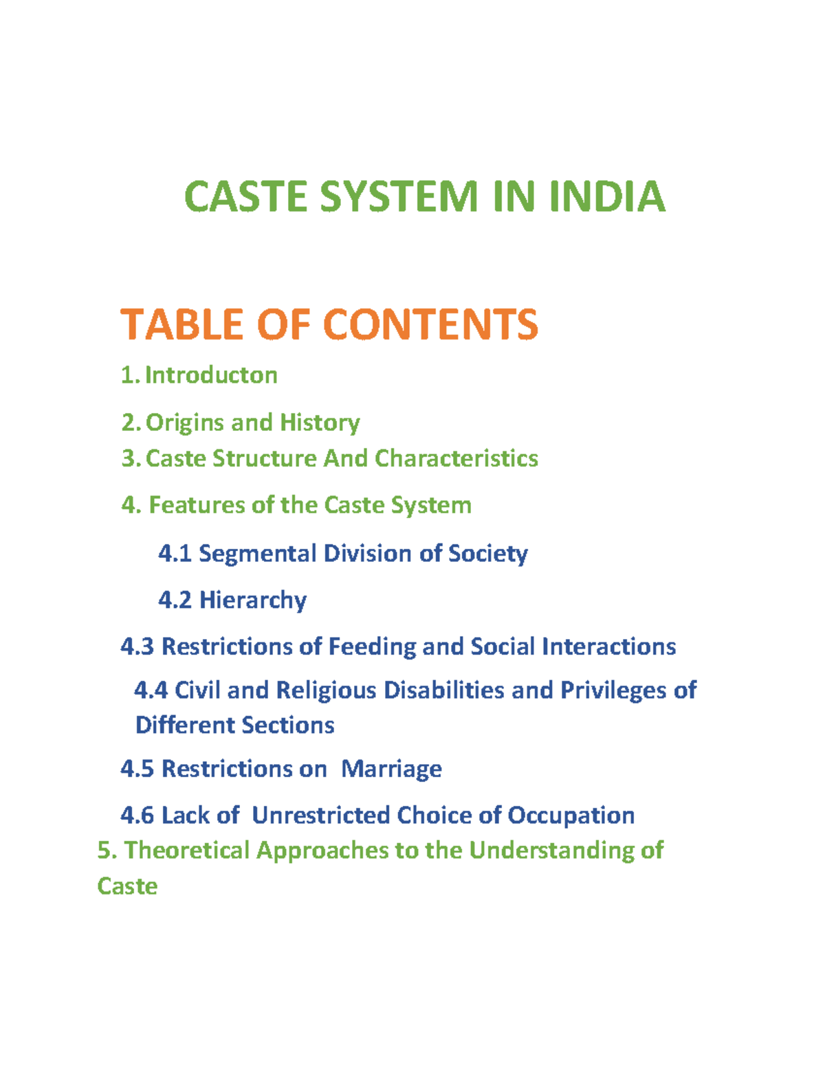 Caste System In India Caste System In India Table Of Contents