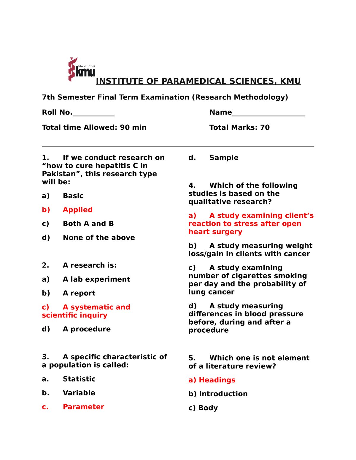 Research Methodology Paper INSTITUTE OF PARAMEDICAL SCIENCES