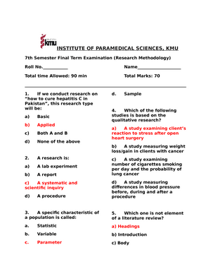 Research Methodology Paper INSTITUTE OF PARAMEDICAL SCIENCES