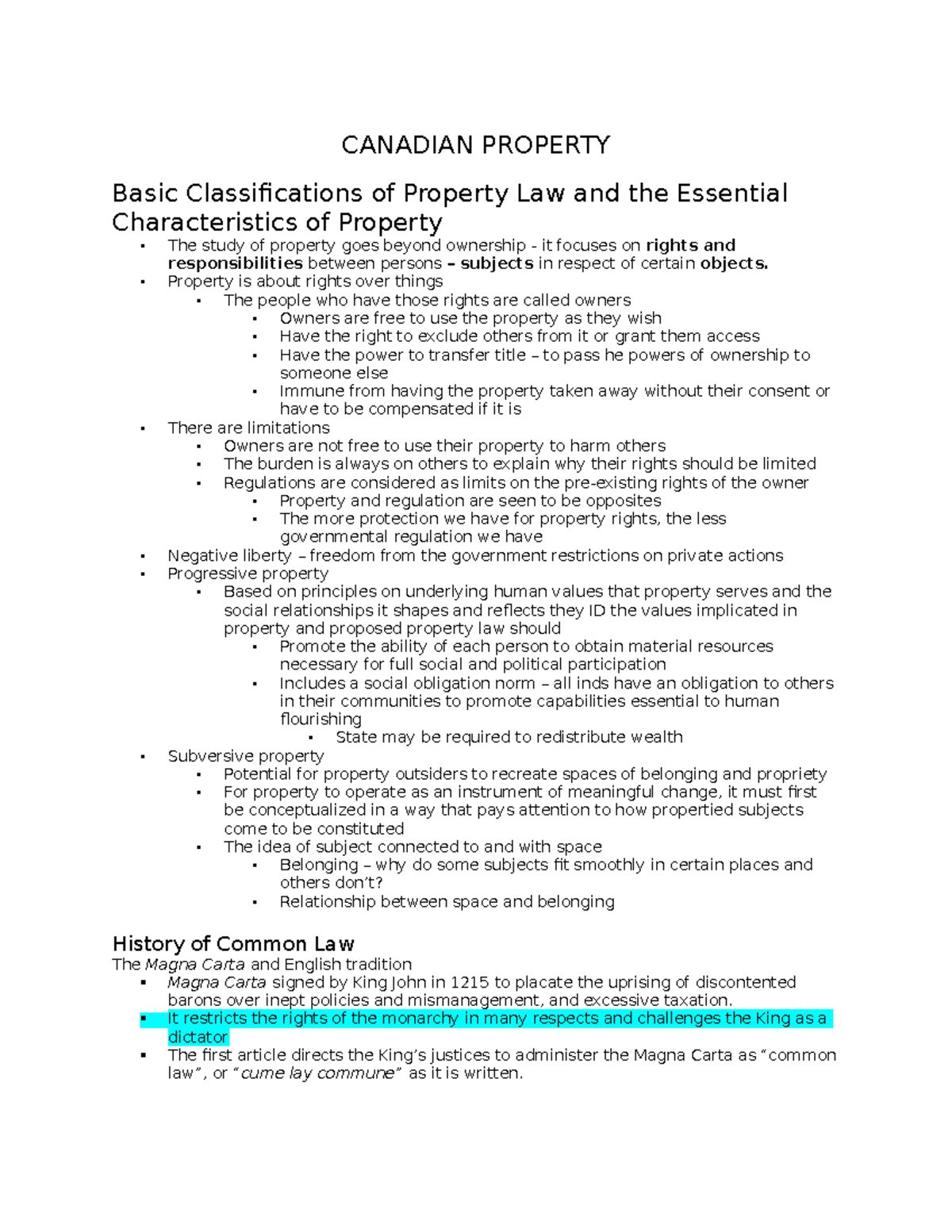 Class Note: Lecture a - CANADIAN PROPERTY Basic Classifications of ...