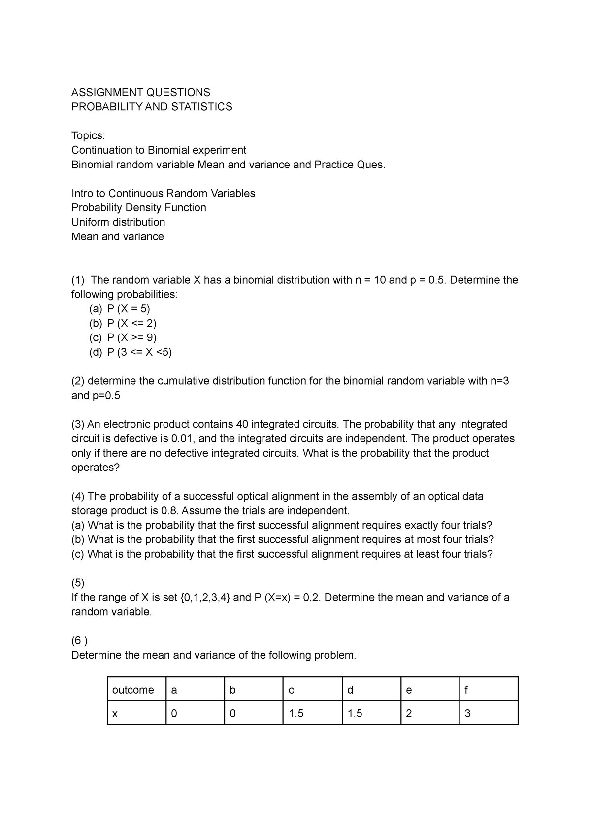 Probability And Statistics - ASSIGNMENT QUESTIONS PROBABILITY AND ...