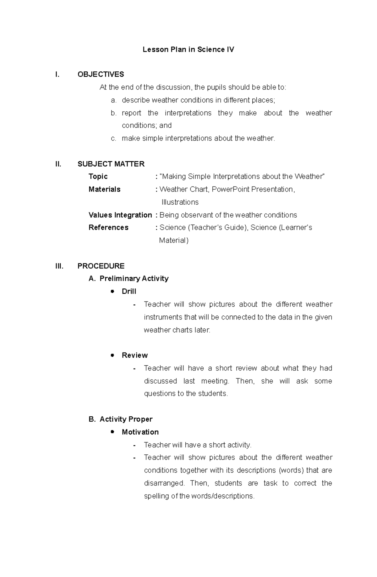 Science Iv Lesson Plan - Lesson Plan In Science Iv I. Objectives At The 