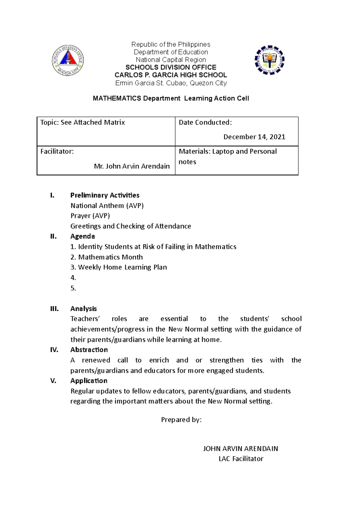 MATH Minutes-of-LAC 1 - LAC - Republic of the Philippines Department of ...