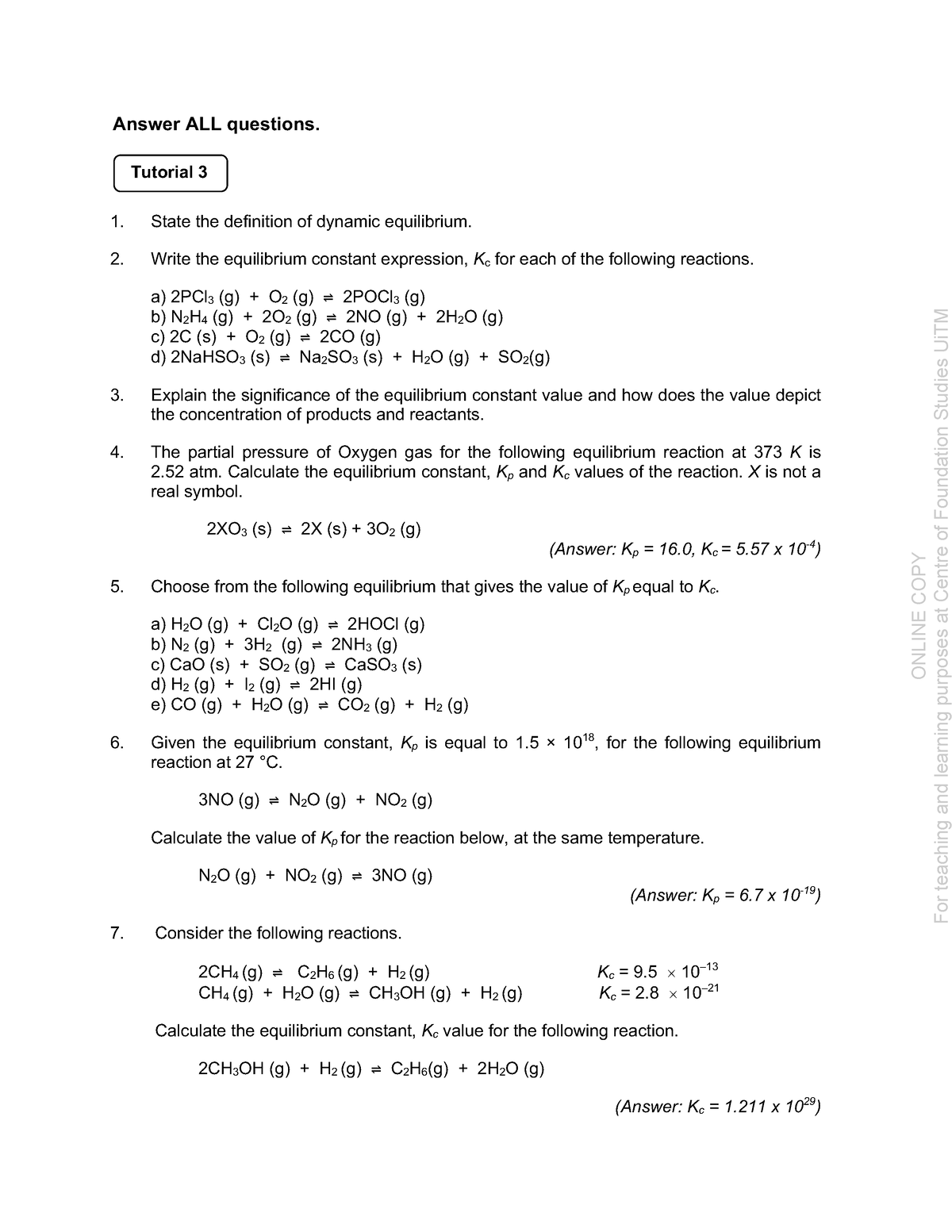 Tutorial 3-4 (Topic 2 Chemical Equilibrium) Students' Version Jan2022 ...