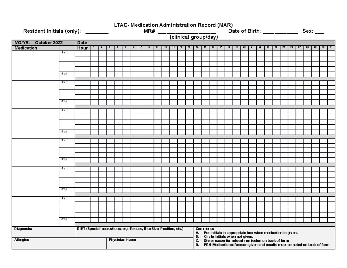 Blank LTC MAR - N/A - LTAC- Medication Administration Record (MAR ...