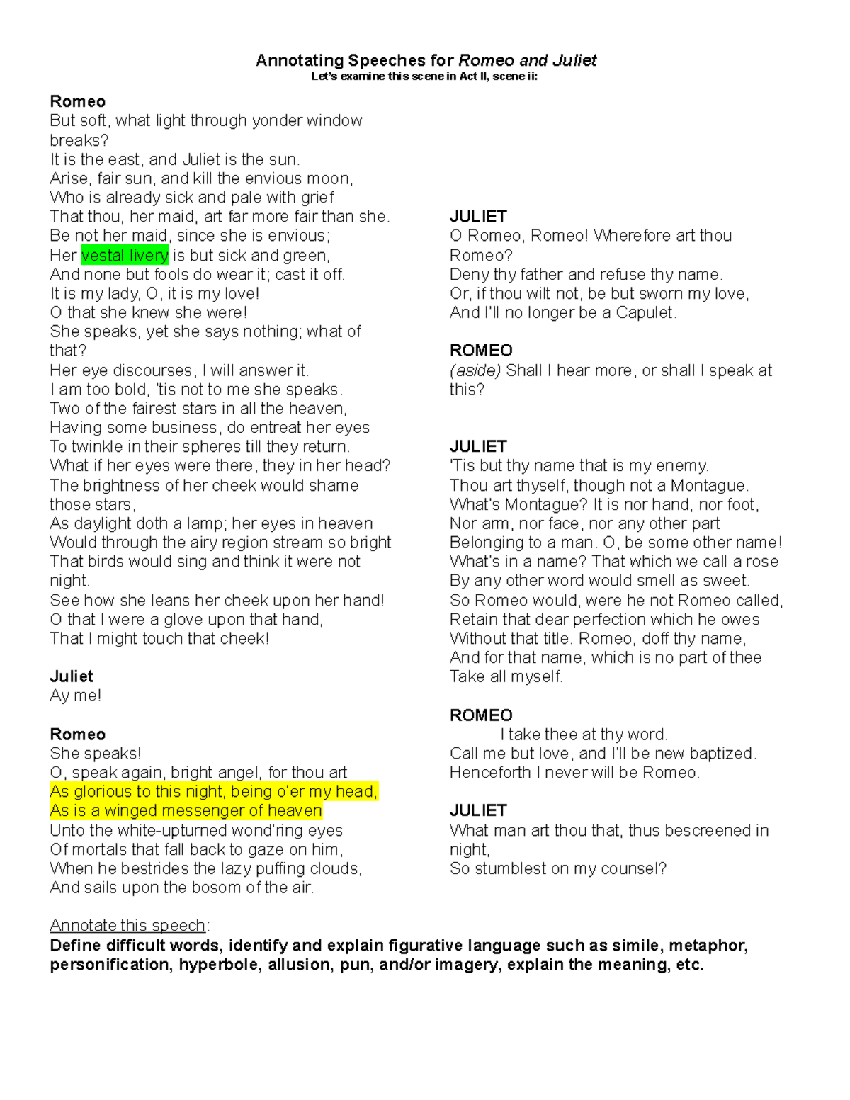 Act II Scene II Balcony Scene Annotation - Annotating Speeches for ...