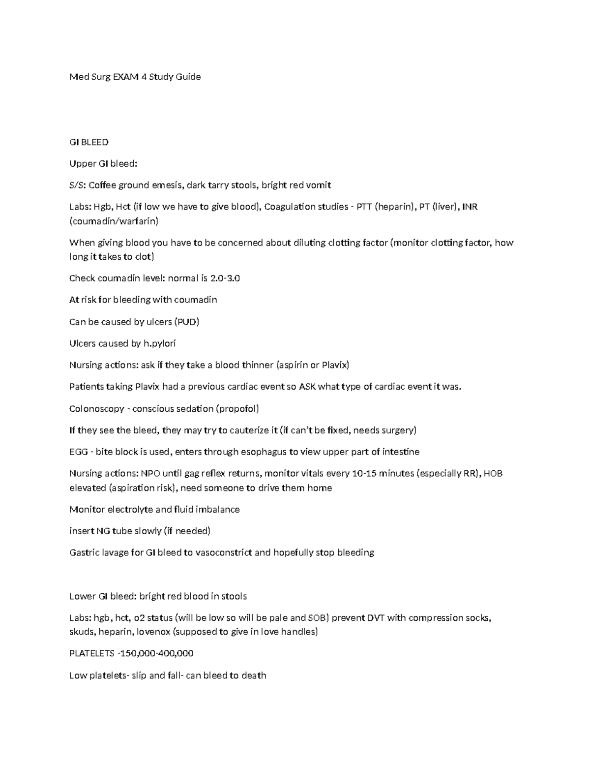 Med Surg EXAM 4 Study Guide - Med Surg EXAM 4 Study Guide GI BLEED ...