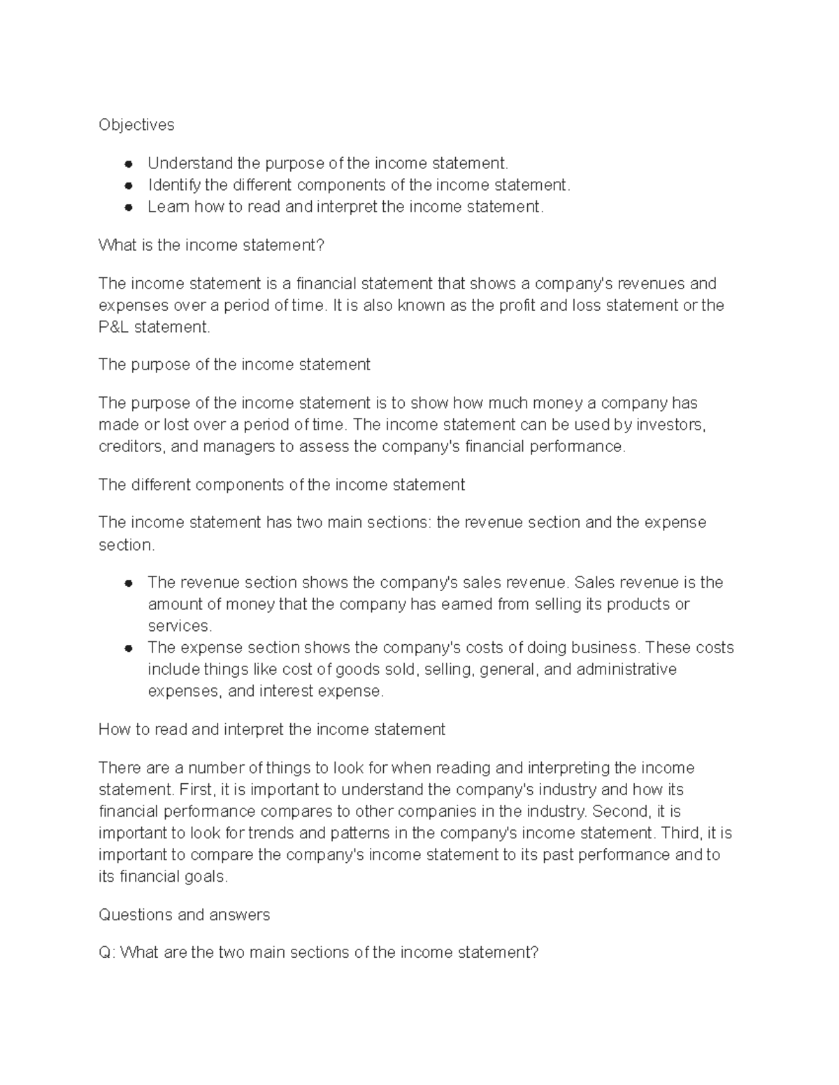 Lecture 2 The Income Statement - Objectives Understand the purpose of ...