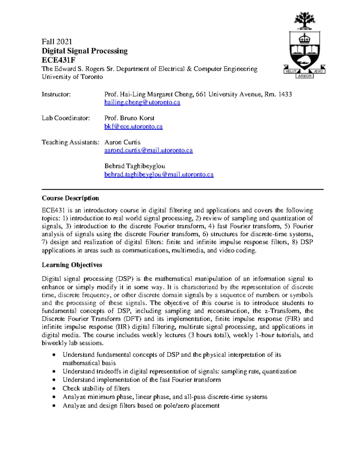 ECE431 Syllabus - N/a - Fall 2021 Digital Signal Processing ECE431F The ...