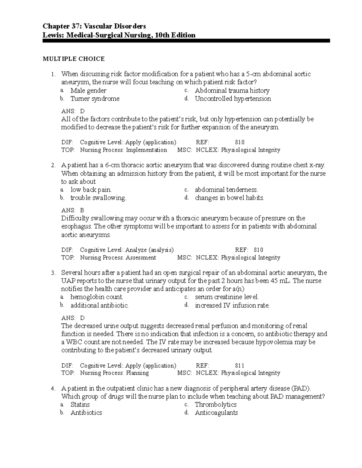 C37 - Ch 37 Test Bank - Chapter 37: Vascular Disorders Lewis: Medical ...