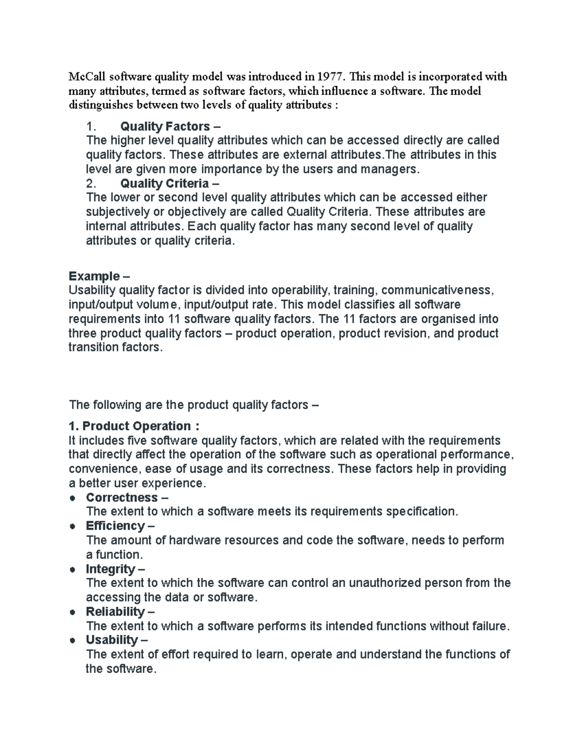 TYCS STQA Notes 4 - McCall software quality model was introduced in ...