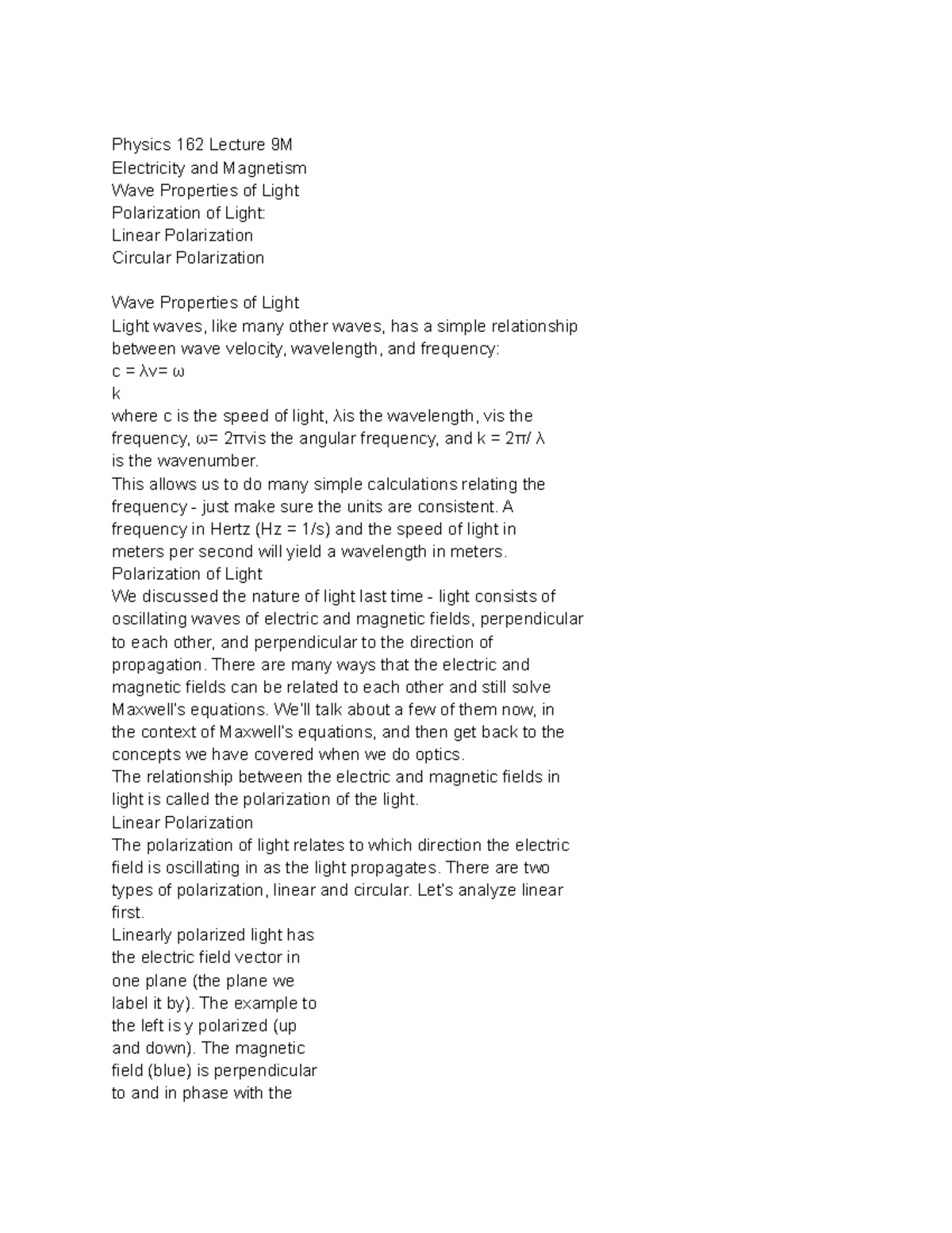 Physics 162 Lecture 9m Phys 162 Notes Physics 162 Lecture 9m