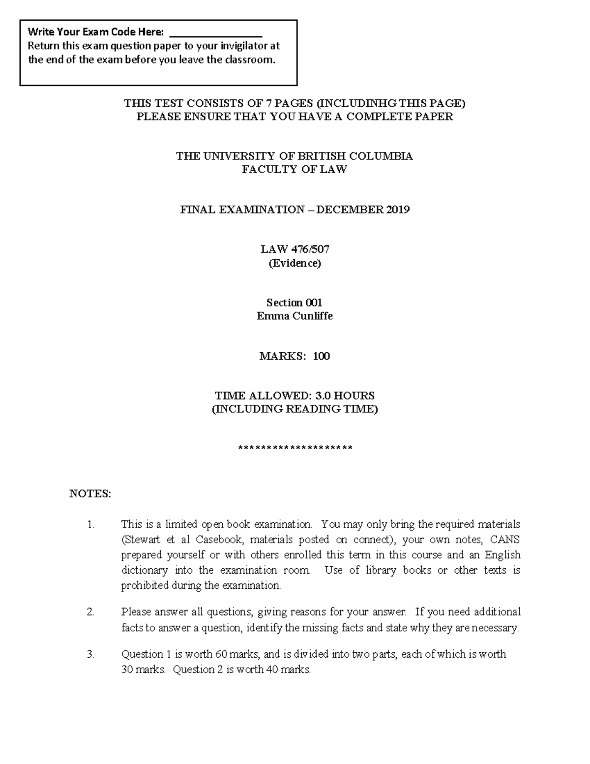 LAW-476 - evidence exam - Write Your Exam Code Here ...