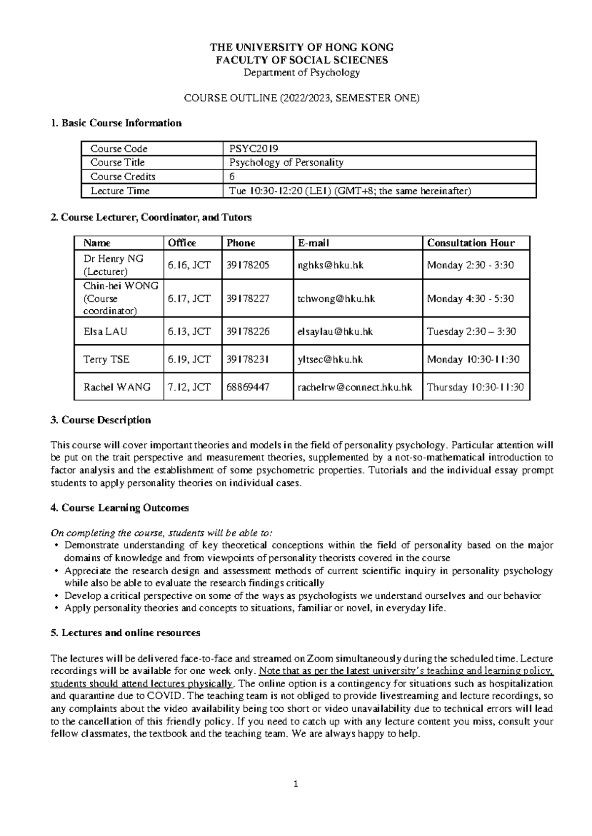 Course outline PSYC2019 - THE UNIVERSITY OF HONG KONG FACULTY OF SOCIAL ...