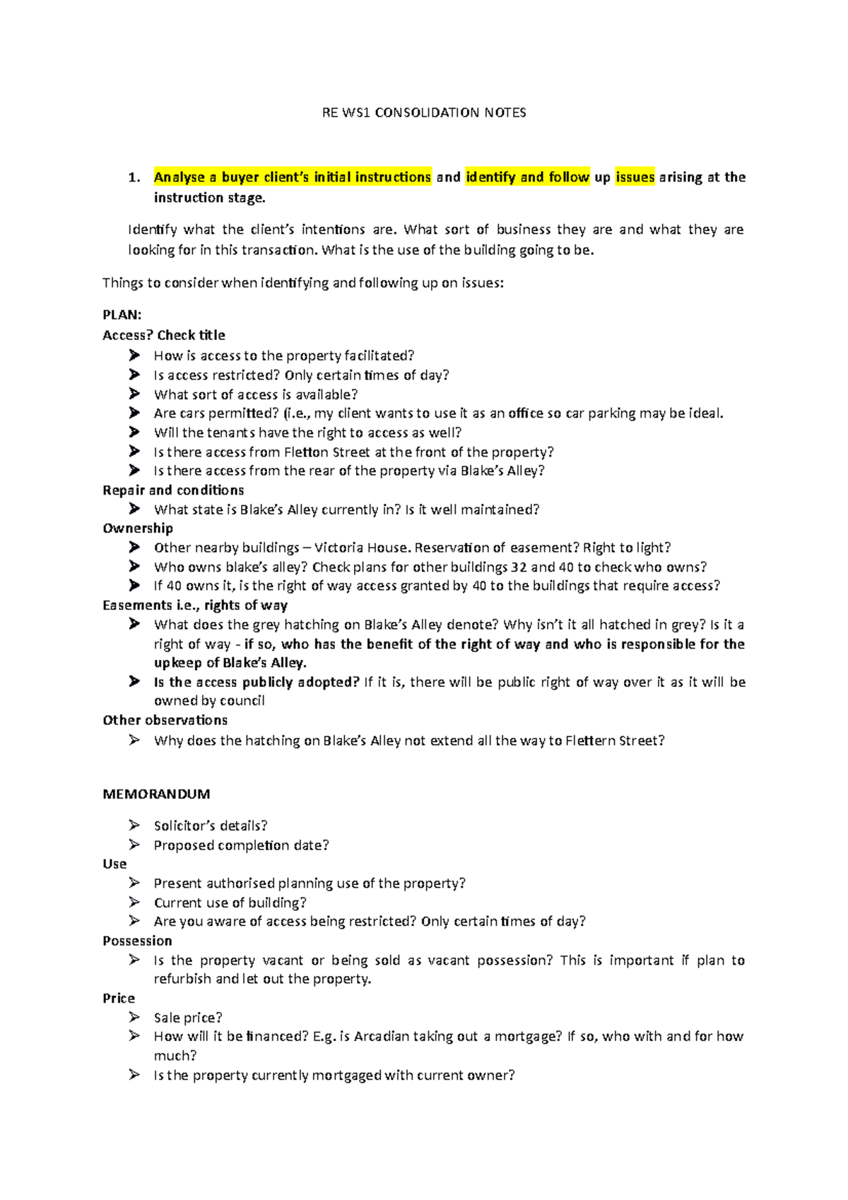 RE WS1 Consolidation Notes - RE WS1 CONSOLIDATION NOTES Analyse a buyer ...