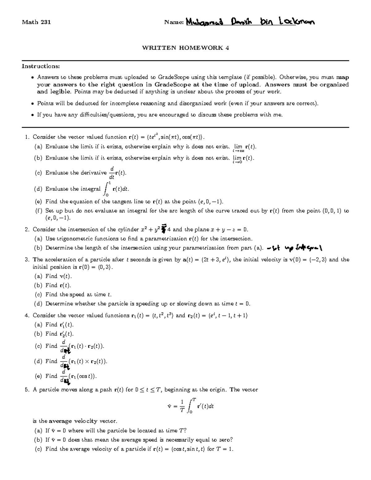 231+Homework+4 - Caculus - Math 231 Name: WRITTEN HOMEWORK 4 ...