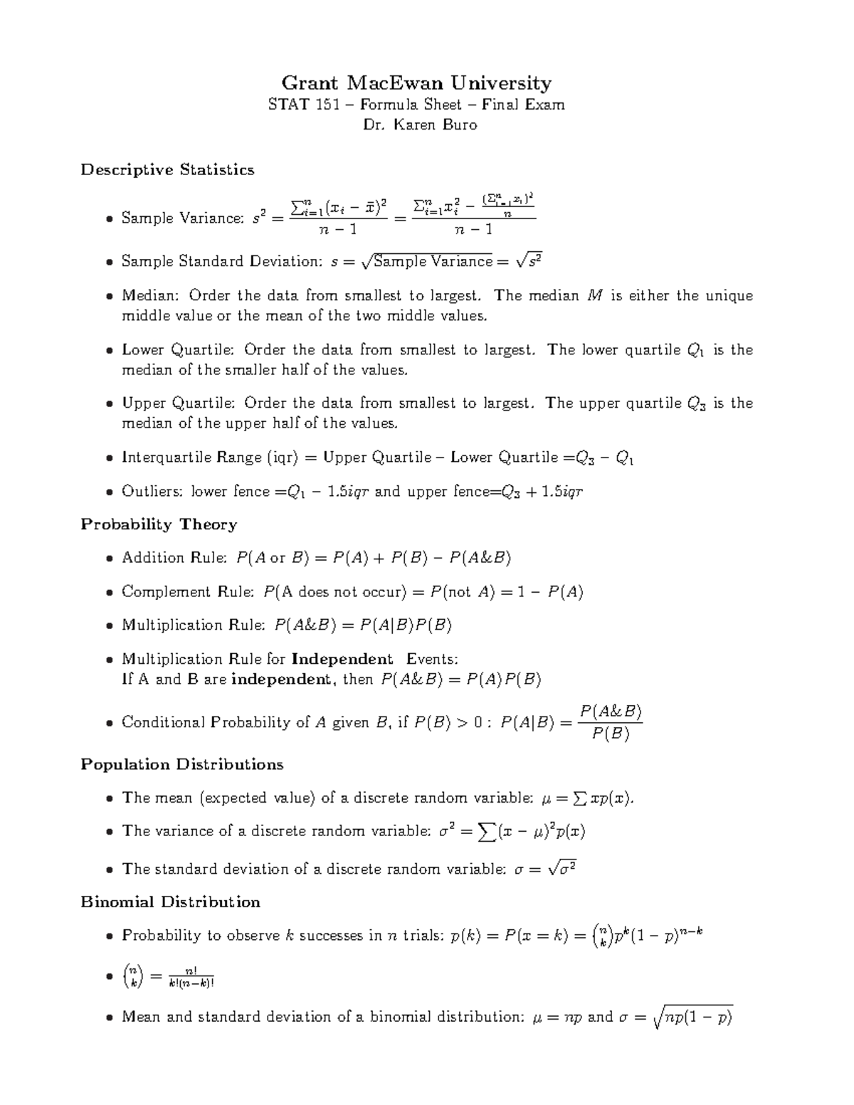 Lecture Notes Lecture Formula Sheet Studocu