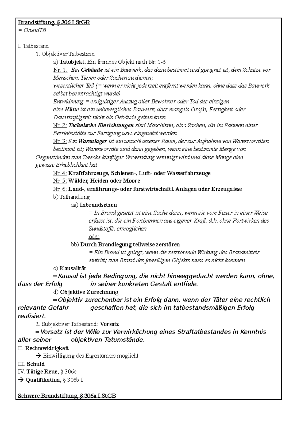 Brandstiftungsdelikte (Schemata) - Brandstiftung, § 306 I StGB ...