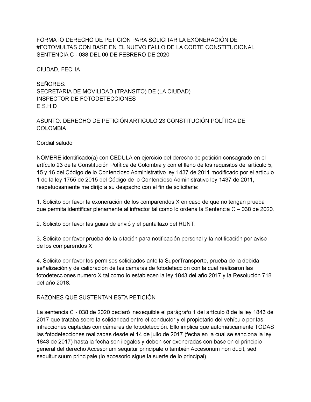 Fotomulta Derecho de Peticion - FORMATO DERECHO DE PETICION PARA ...