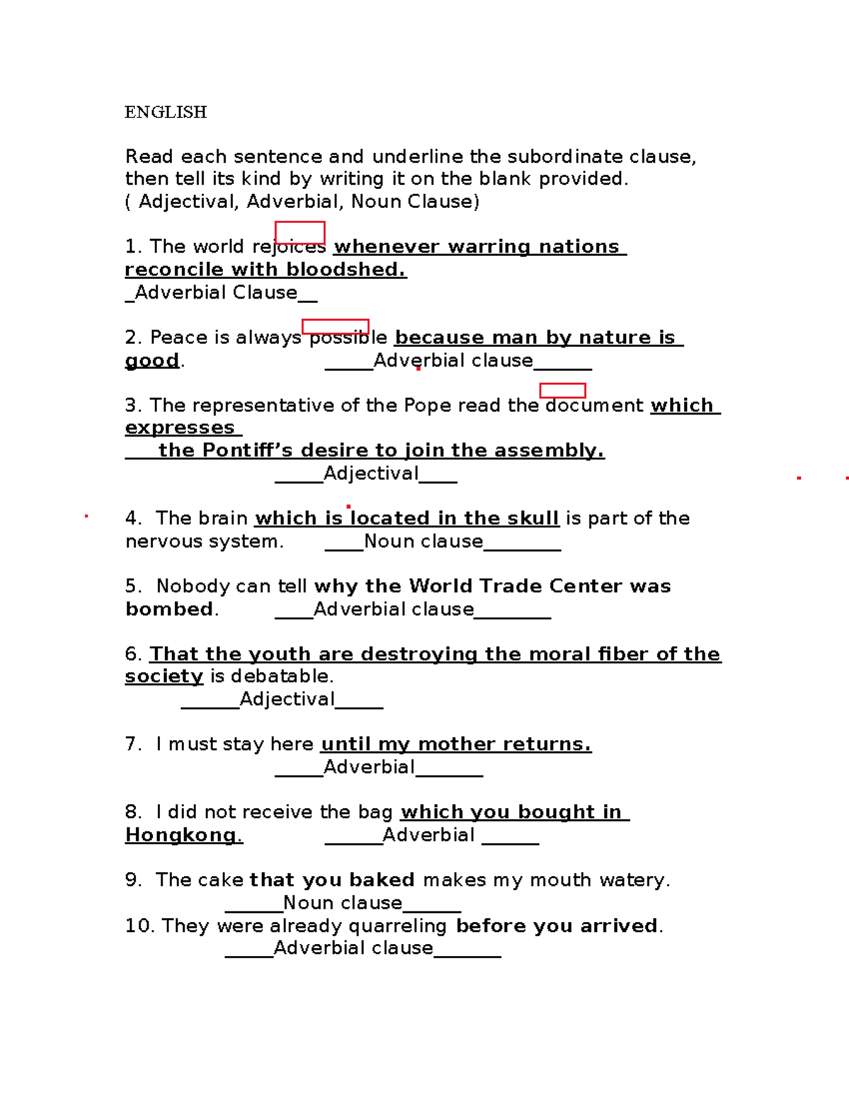 Clauses Quiz - ENGLISH Read each sentence and underline the subordinate ...