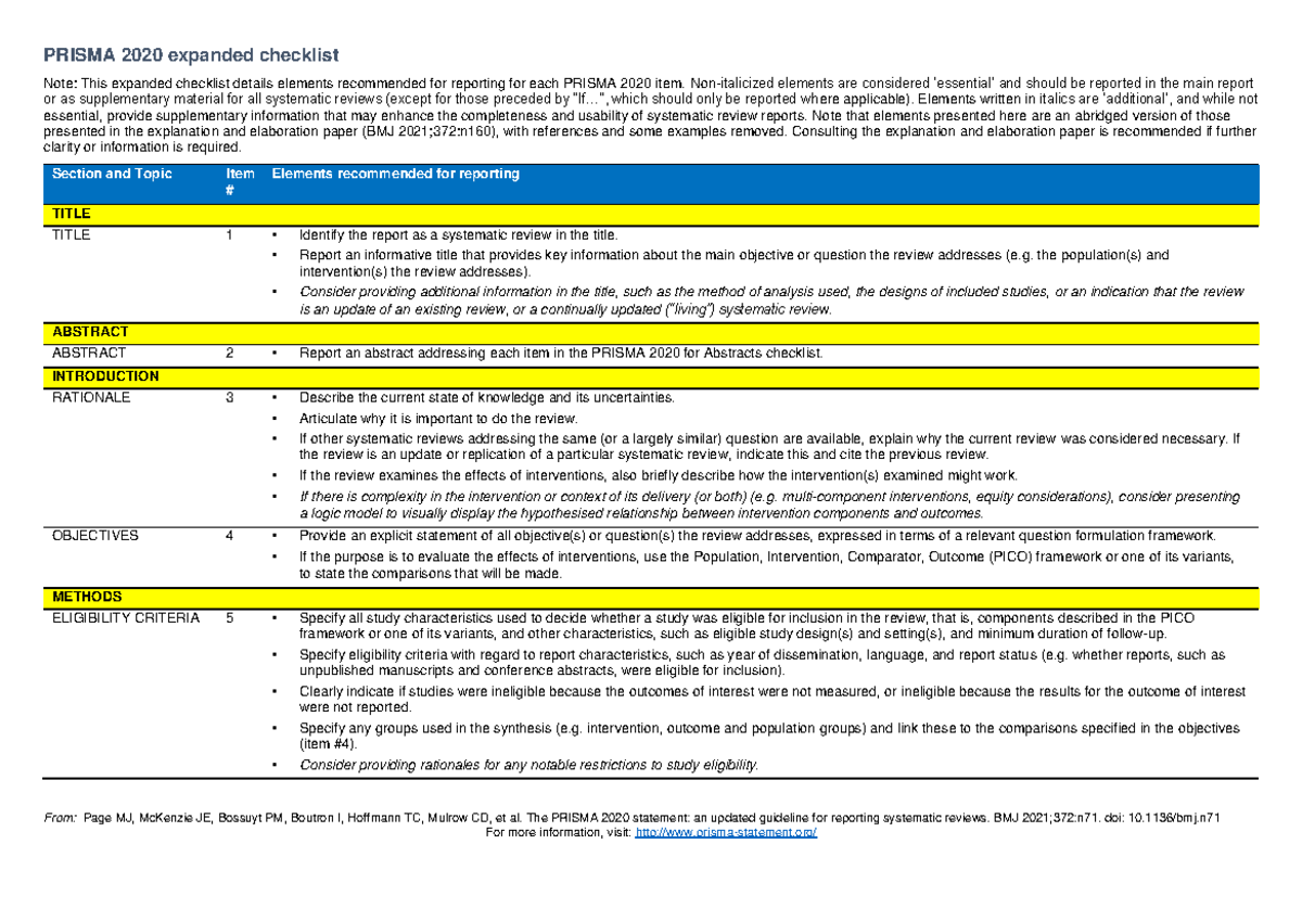 Prisma 2020 expanded checklist - From: Page MJ, McKenzie JE, Bossuyt PM ...