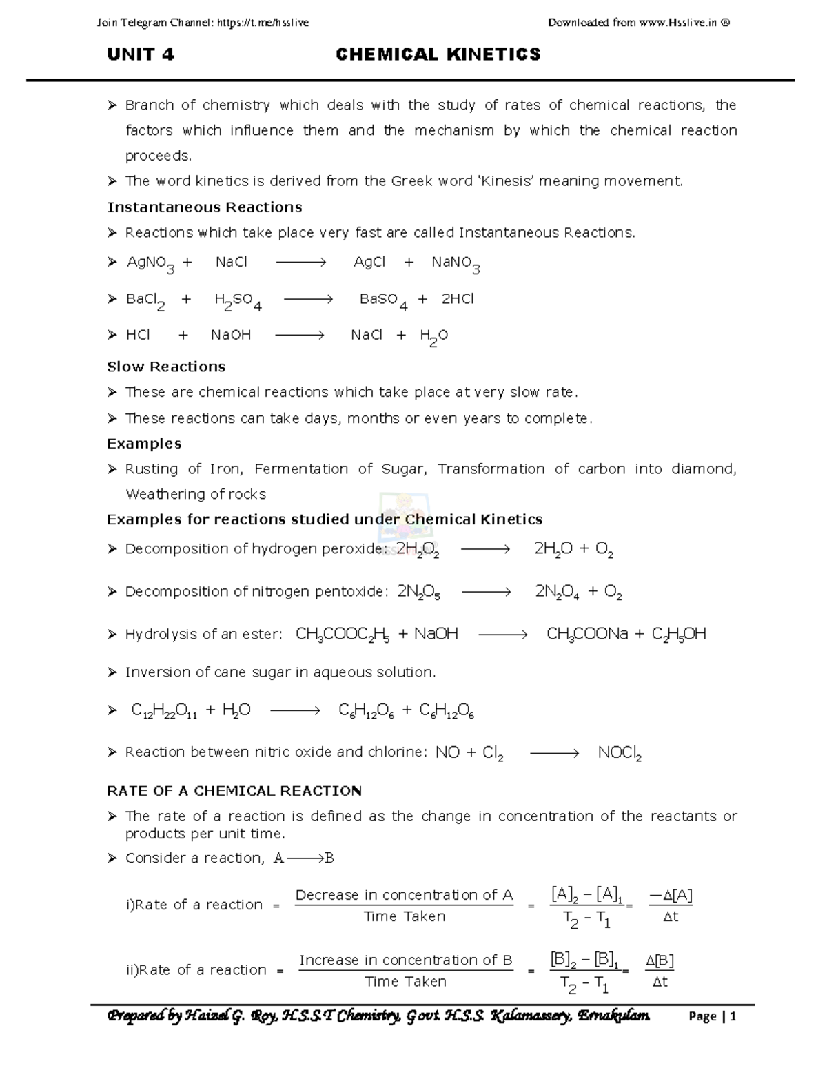 Hsslive-xii-chem-4. Chemical Kinetics - Unit 4 Chemical Kinetics 