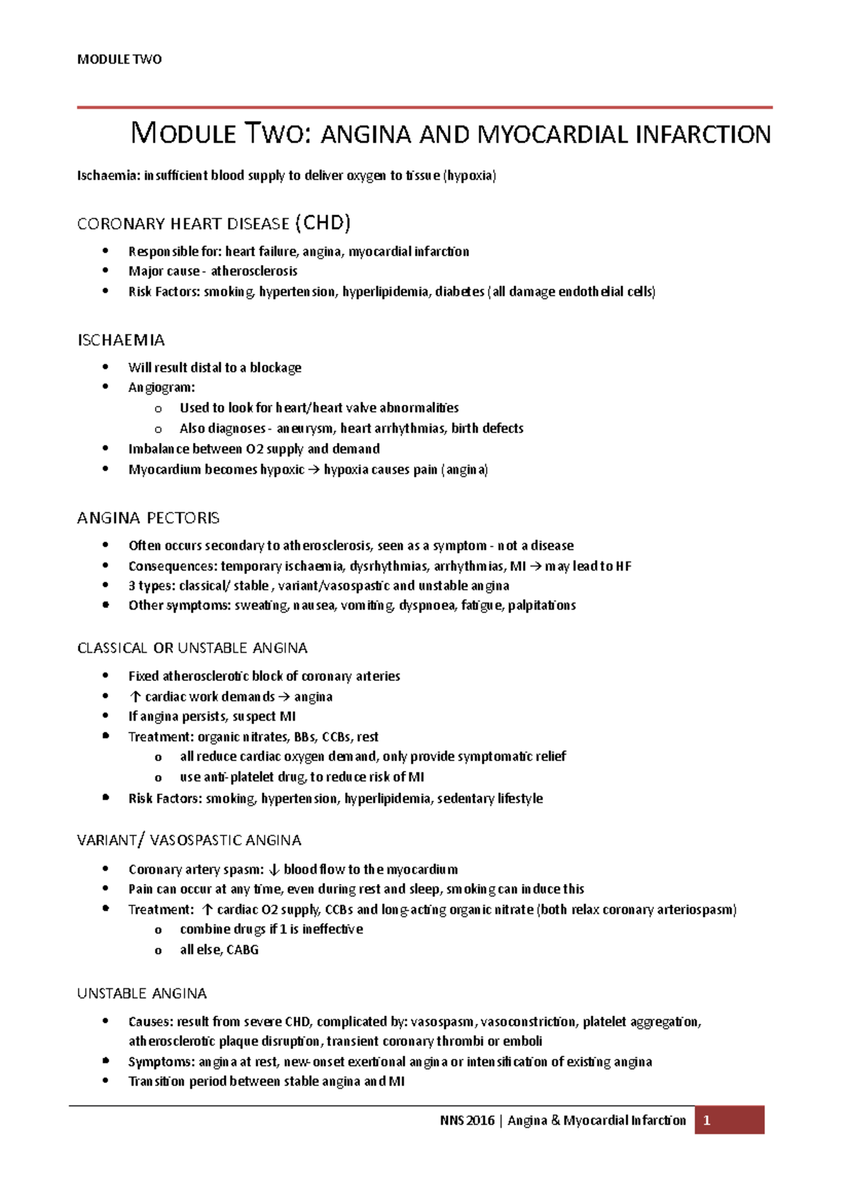 Tutorial work - Module 2: Angina and Myocardial Infarction - MODULE TWO ...
