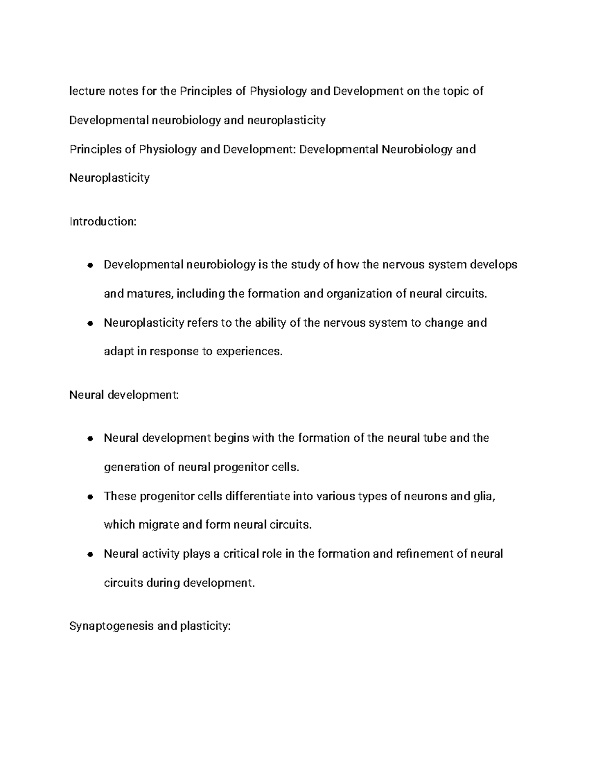 Lecture notes for the Principles of Physiology and Development on the ...