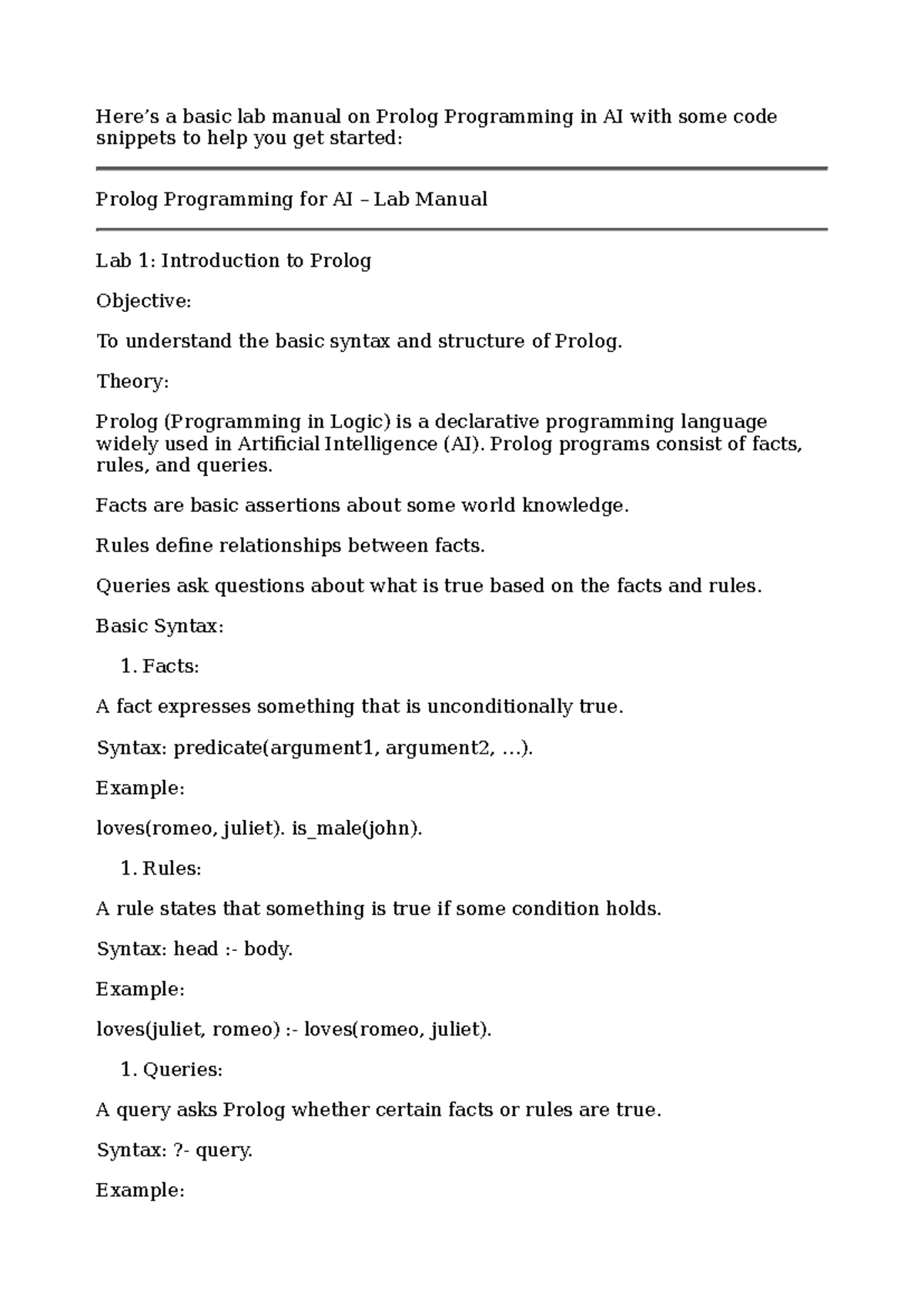 Prolog Manual - Here’s a basic lab manual on Prolog Programming in AI ...
