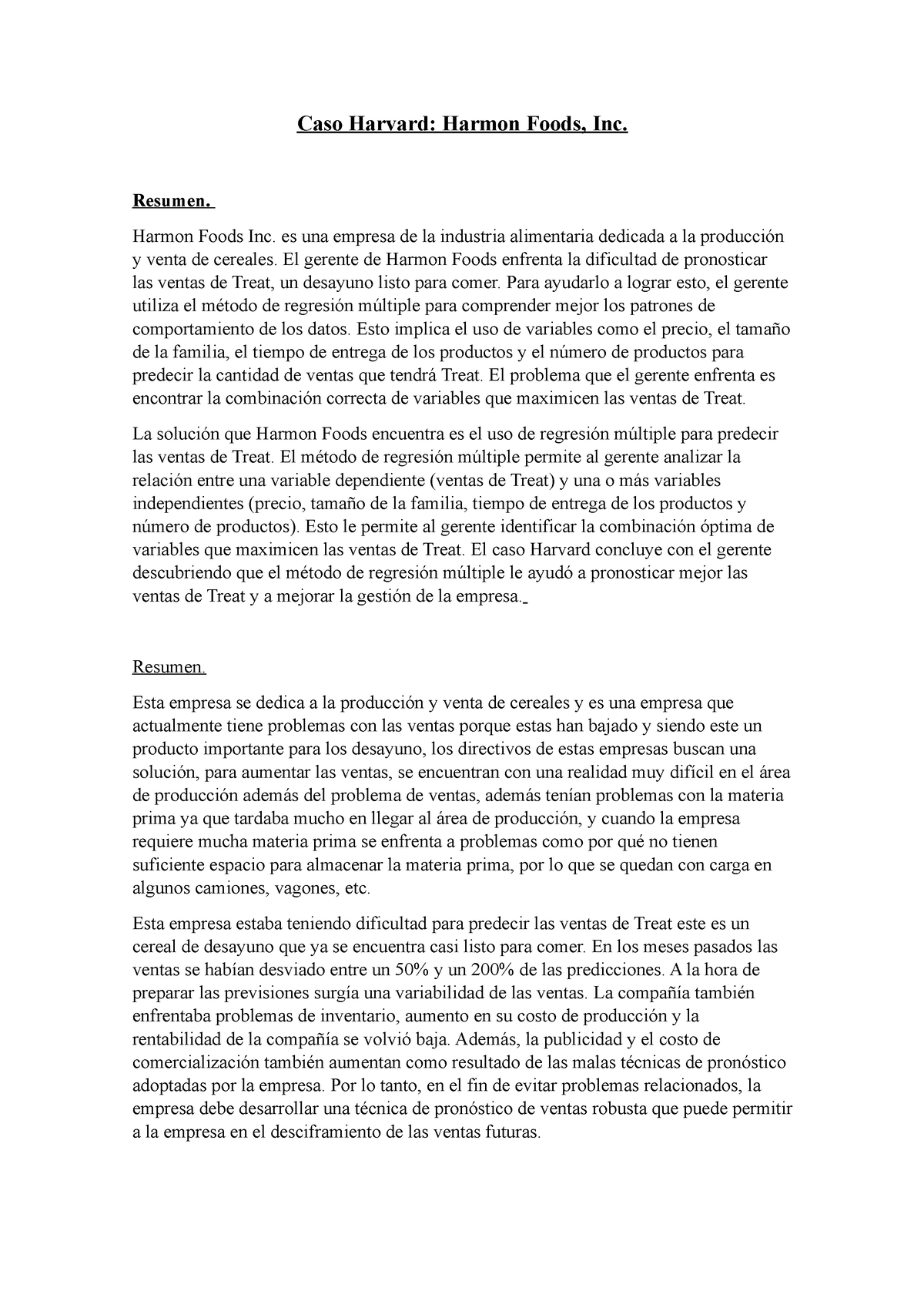 Resumen Caso Harvard 2 - Caso Harvard: Harmon Foods, Inc. Resumen ...