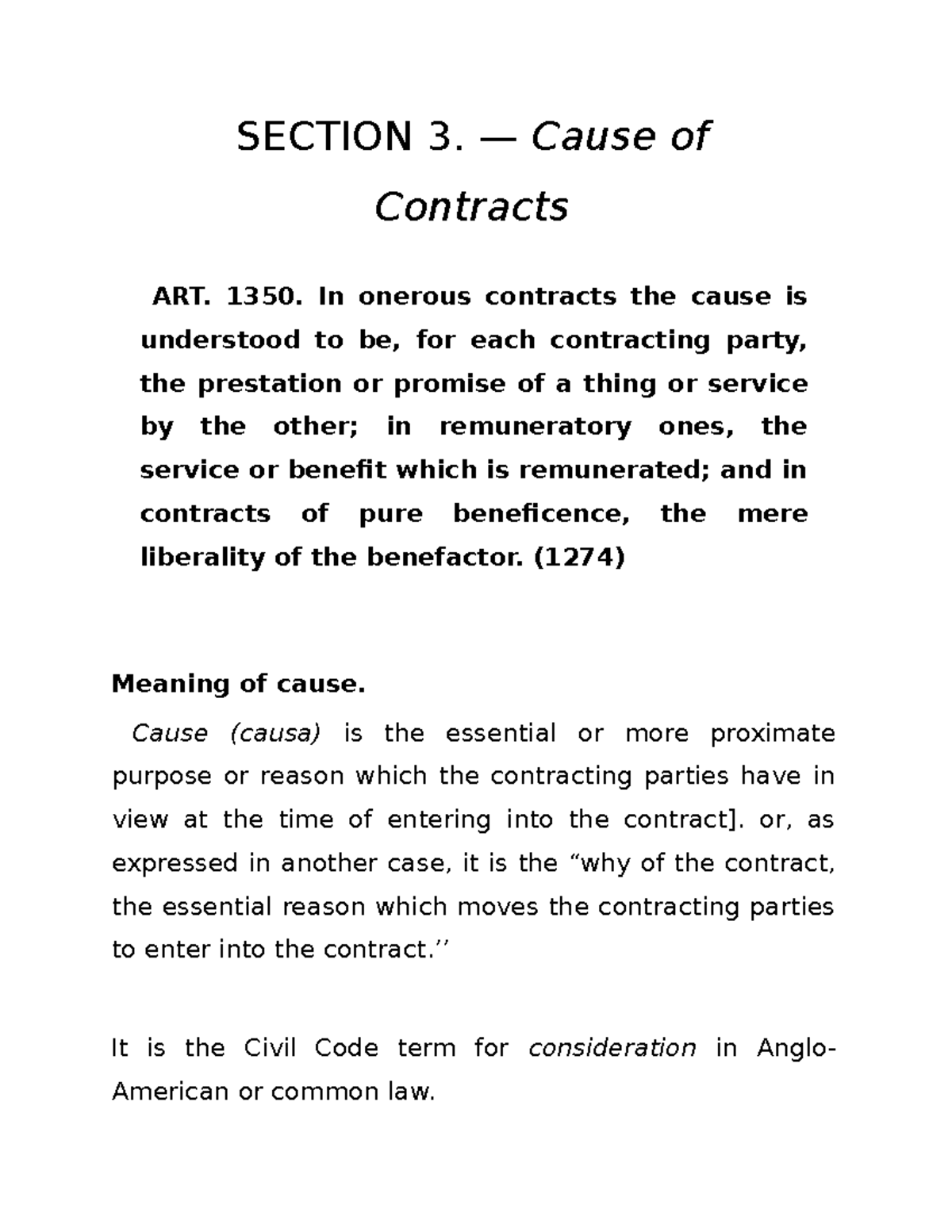 Section 3 Cause Of Contracts SECTION 3 Cause Of Contracts ART 