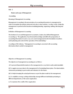 UNIT I MA Notes - MANAGEMENT ACCOUNTING UNIT I NOTES Definition of MA ...