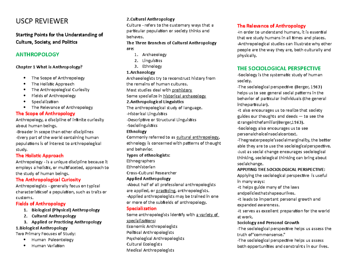 USCP- Reviewer-2 - Lecture Notes 1,2,3 - Understanding Culture, Society ...