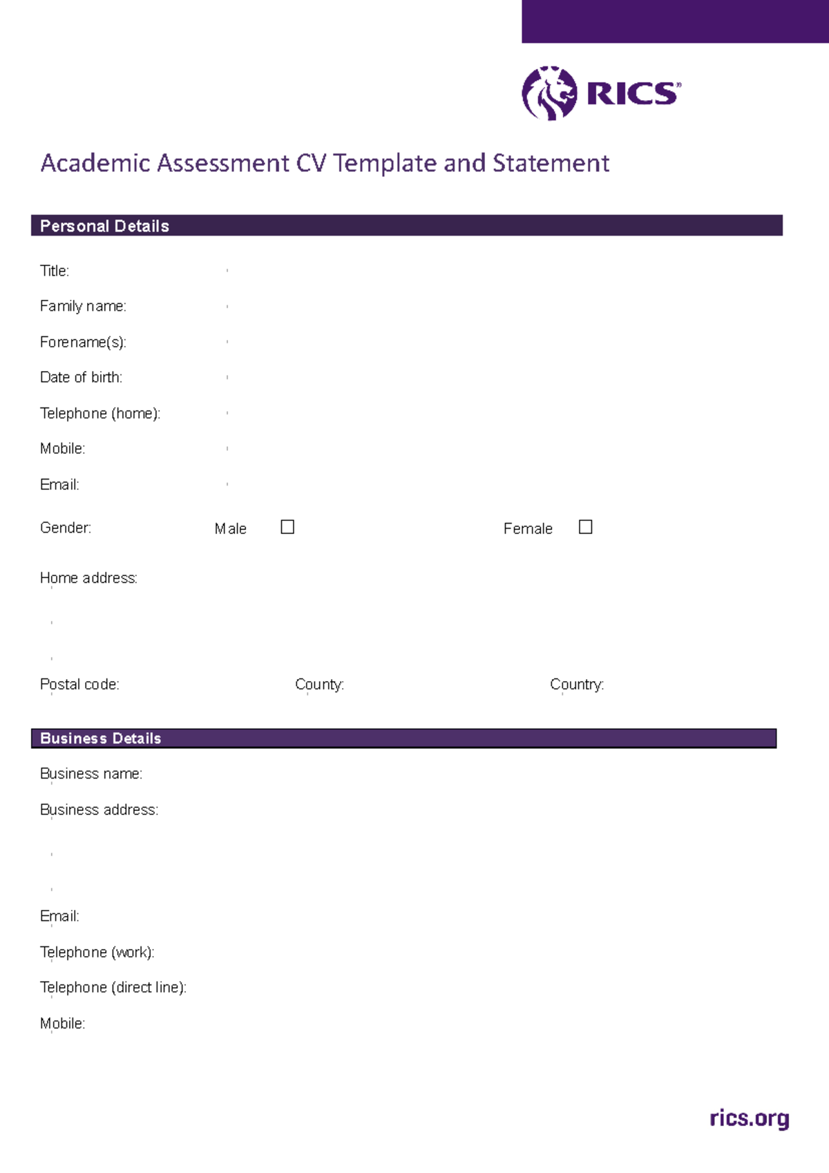 Academic Assessment Cv And Statement Template Rics Academic