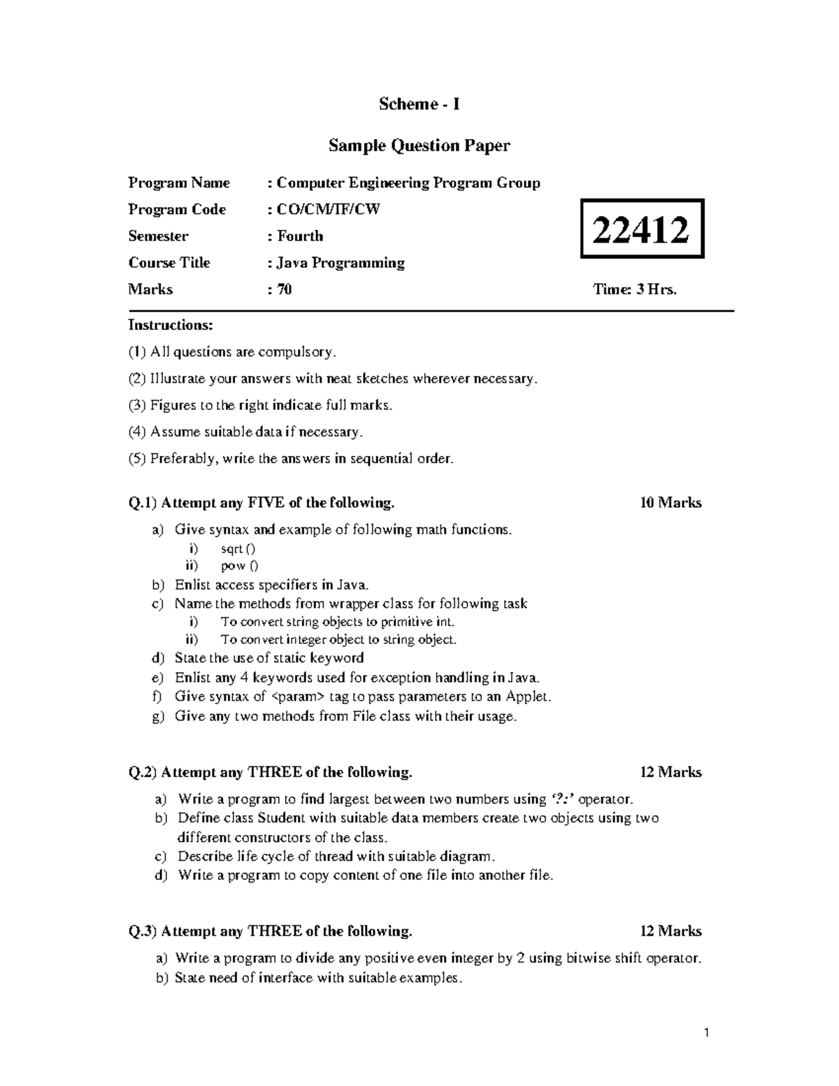 22412 -sample-question-paper- Java Programming - Cs1345 - UCL - Studocu