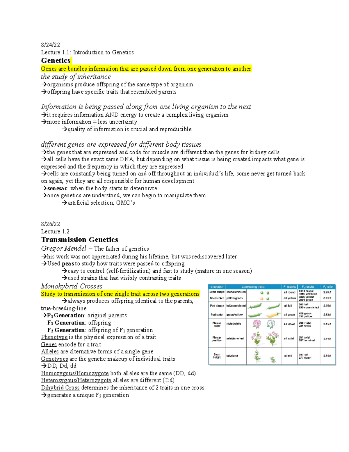 BSC 170 Intro To Genetics - 8/24/ Lecture 1: Introduction To Genetics ...