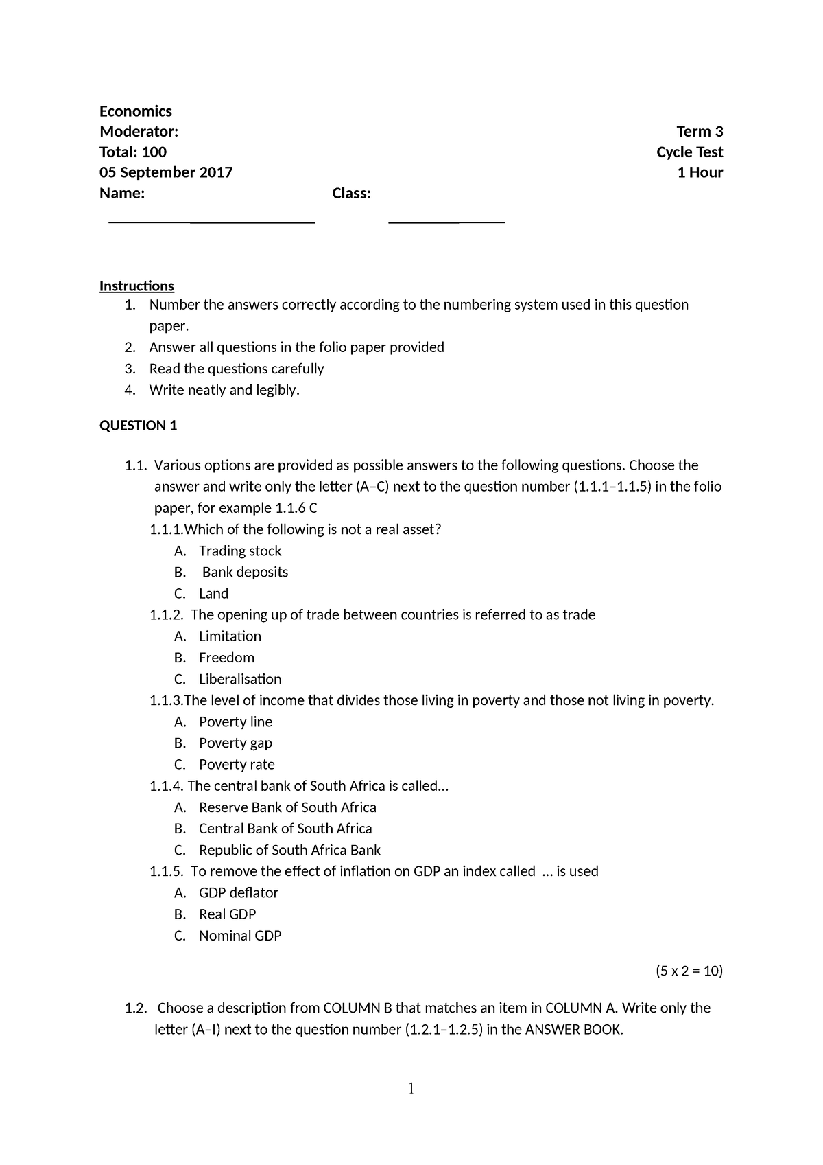 Economics practice test - Economics Moderator: Total: 100 05 September ...