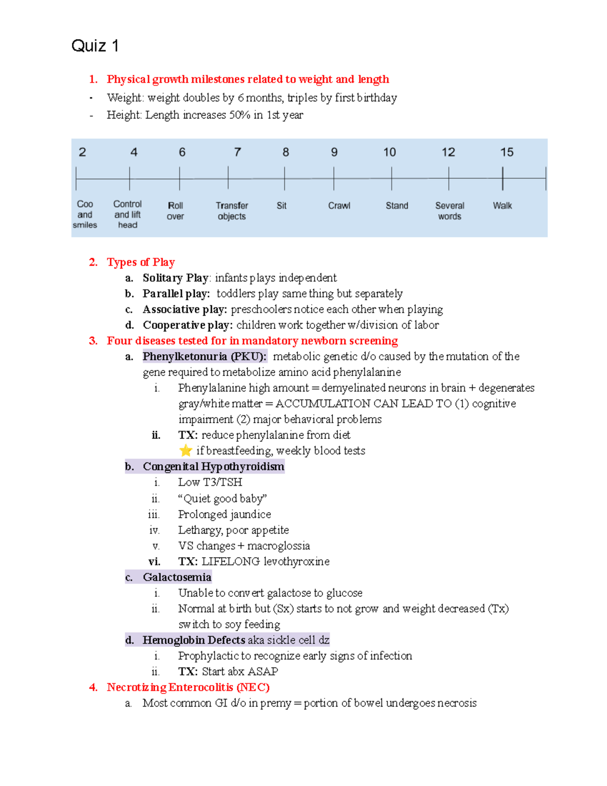 N421 First peds quiz types of play, milestones, newborn screening