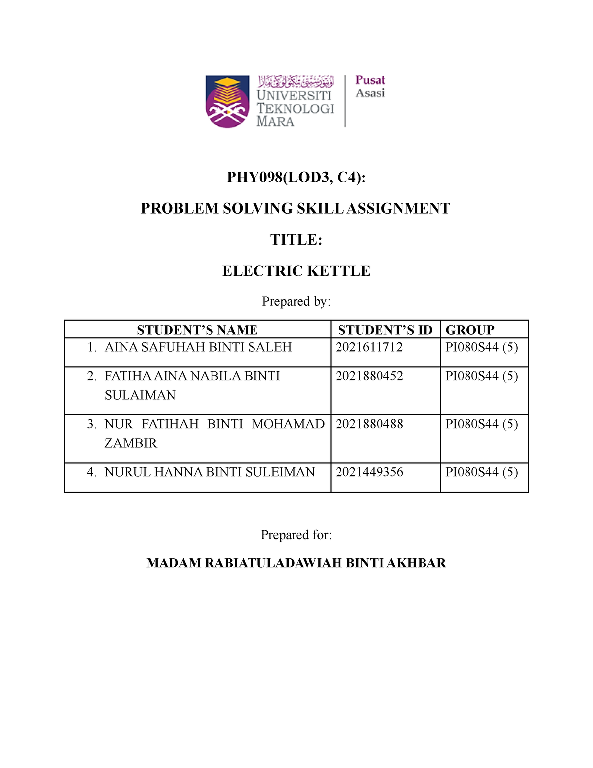 problem solving assignment phy098