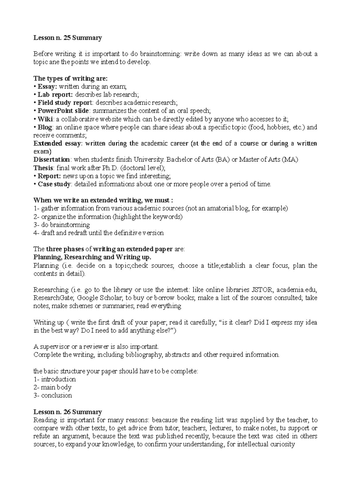 Lesson n 25 e 26 Summary - riassunto lezione 25 e 26 - Lesson n. 25 ...