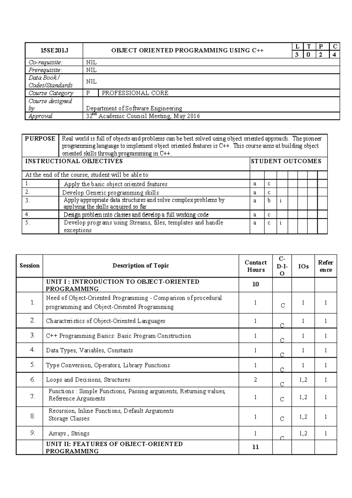 C- Syllabus - Very nice - 15SE201J OBJECT ORIENTED PROGRAMMING USING ...